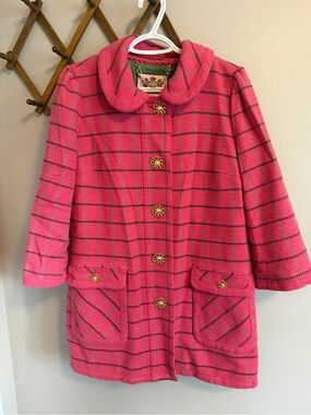 Vintage Juicy Couture Pink Plaid Tweed Pea Coat Gold Buttons L (fits size small)